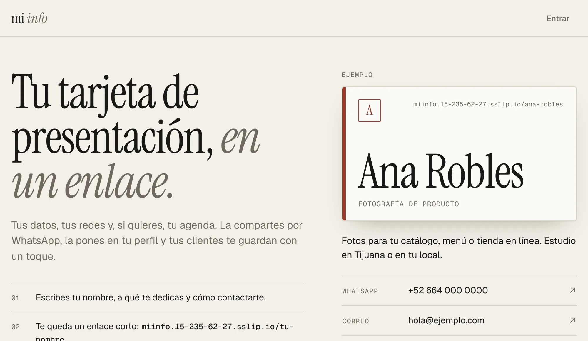 Página de Mi Info con una tarjeta de ejemplo